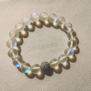 Moonstone Iridescent Glass Bead Bracelet w/ Cubic Zicon Bead & Stretch Band